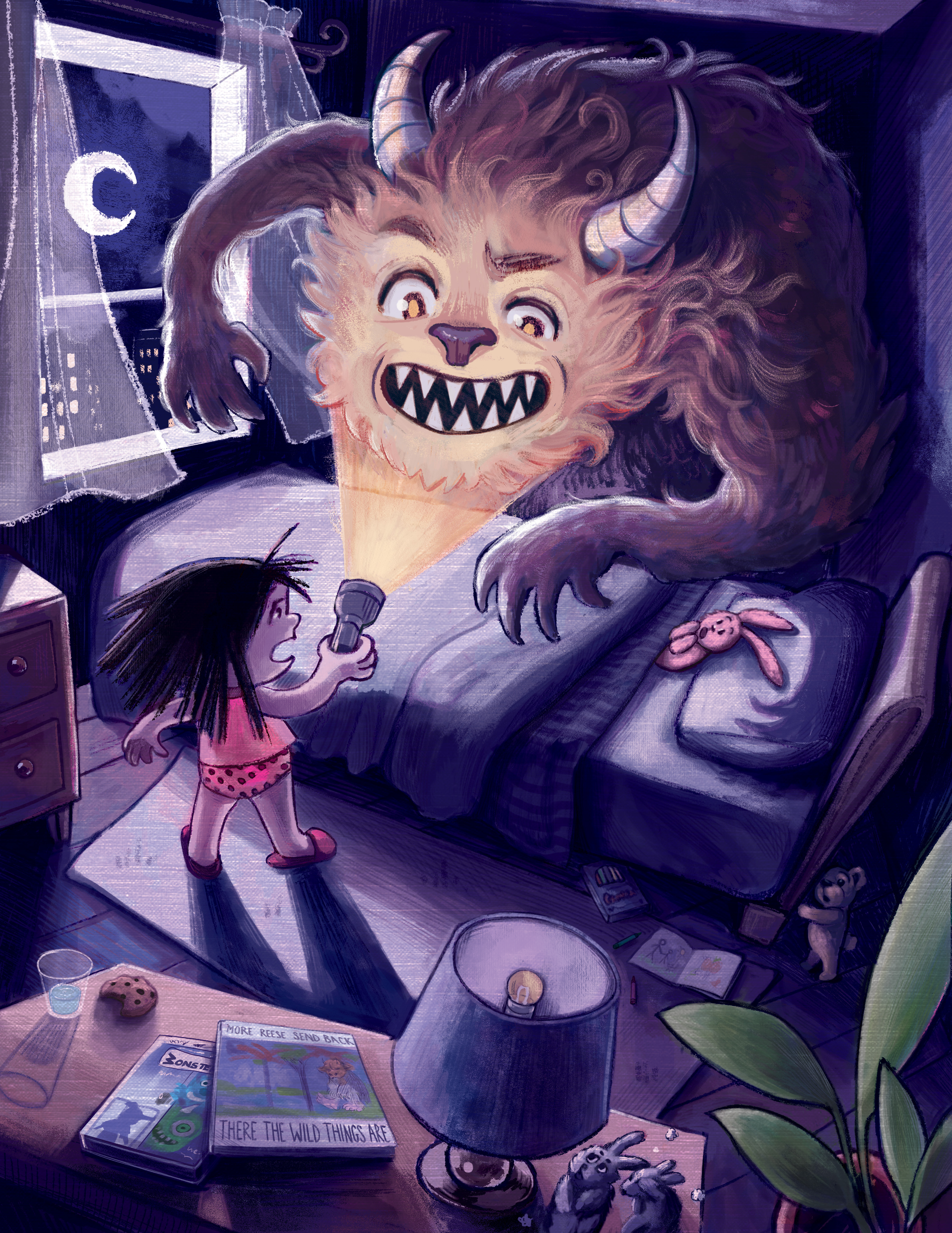 Overactive Imagination, 2022
Digital

Nostalgic childhood nights would often lead to my imagination running wild. A whimsical monster greets a little girl from behind the bed! This illustration features elements of my childhood, including favorite books, movies, special stuffies, dust bunnies, a glass of water in case of nightmares, and of course: an overactive imagination.