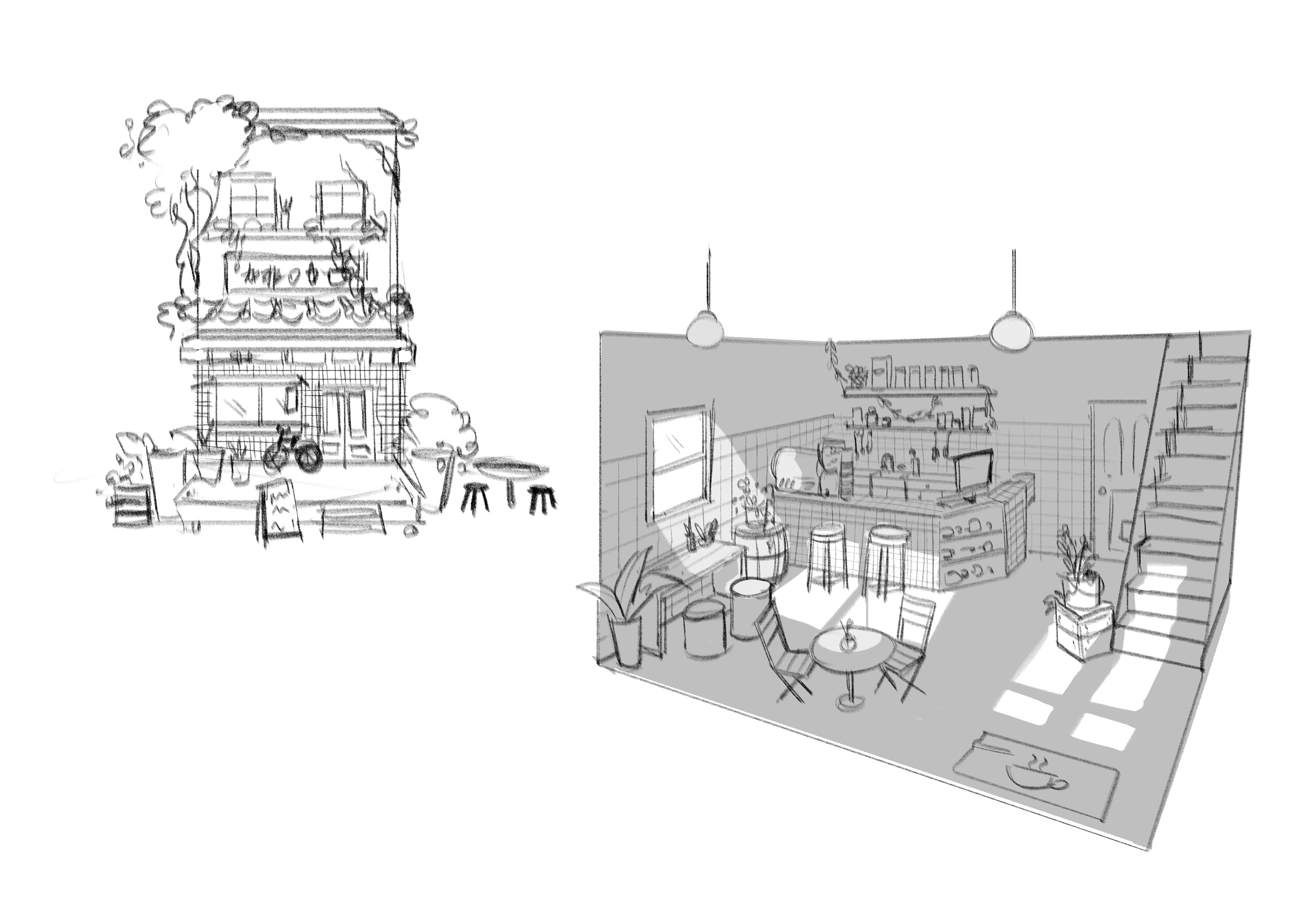 Concept Art of Cafe Exterior and Interior