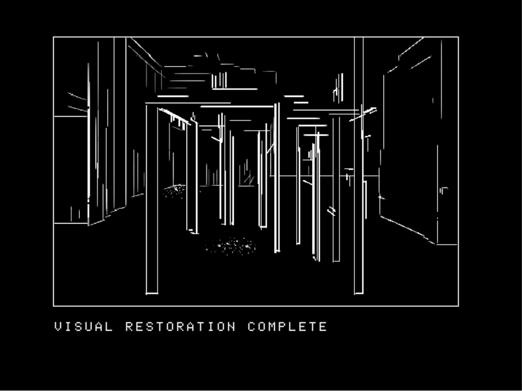 Screenshot of part 2 image, shows image of one of the rooms and text that reads "visual restoration complete"