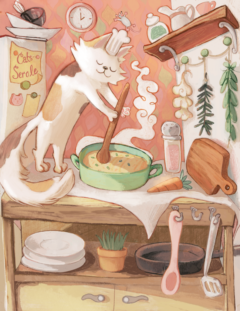 Cats-serole, 2023
Digital

A whimsical scene in which a cat tends to a casserole. Surrounded by kitchen clutter, this piece plays with warped perspective to create a cozy environment.
