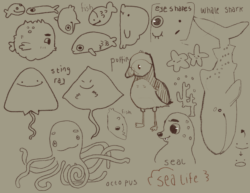 Deep sea animals concept sketch