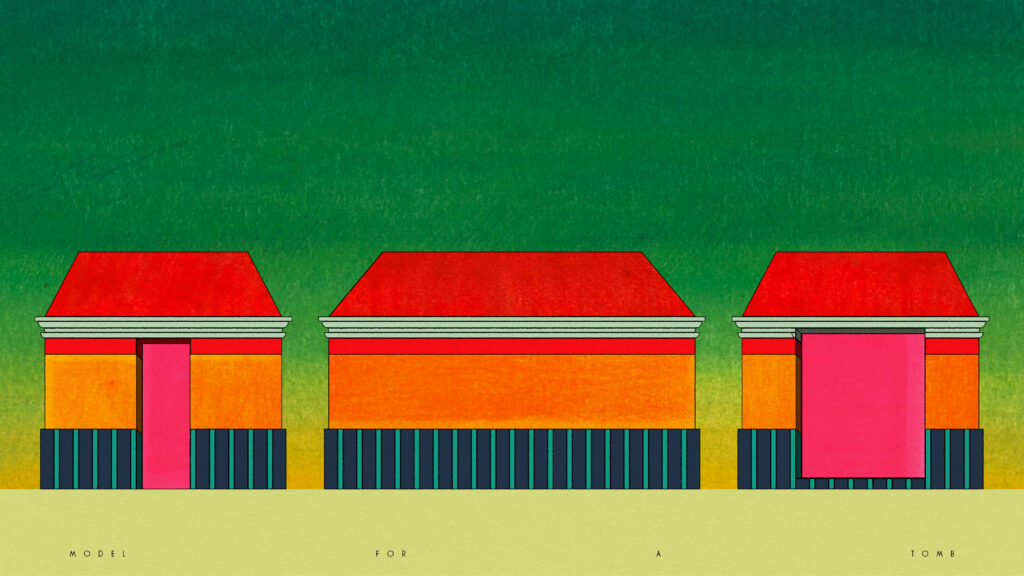 Orthographic drawings showing a colourful mausoleum over a green and yellow gradient sky