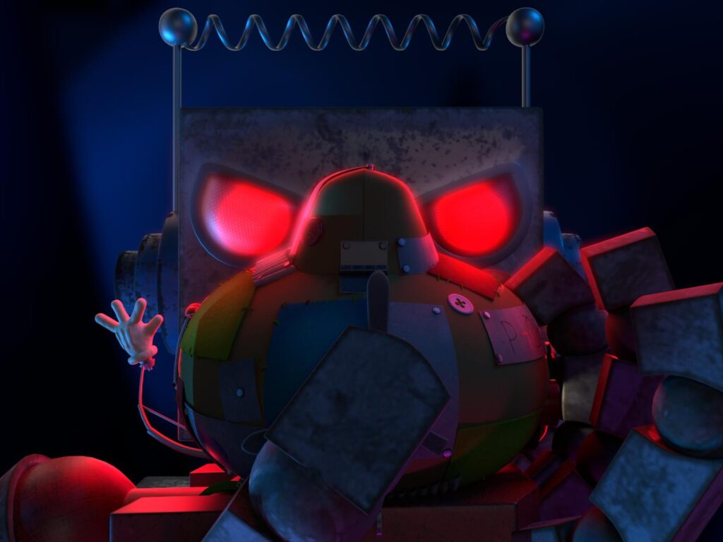 Evil robot holding the submarine in his hand. The robots eyes are glowing creating a strong red rim light. 