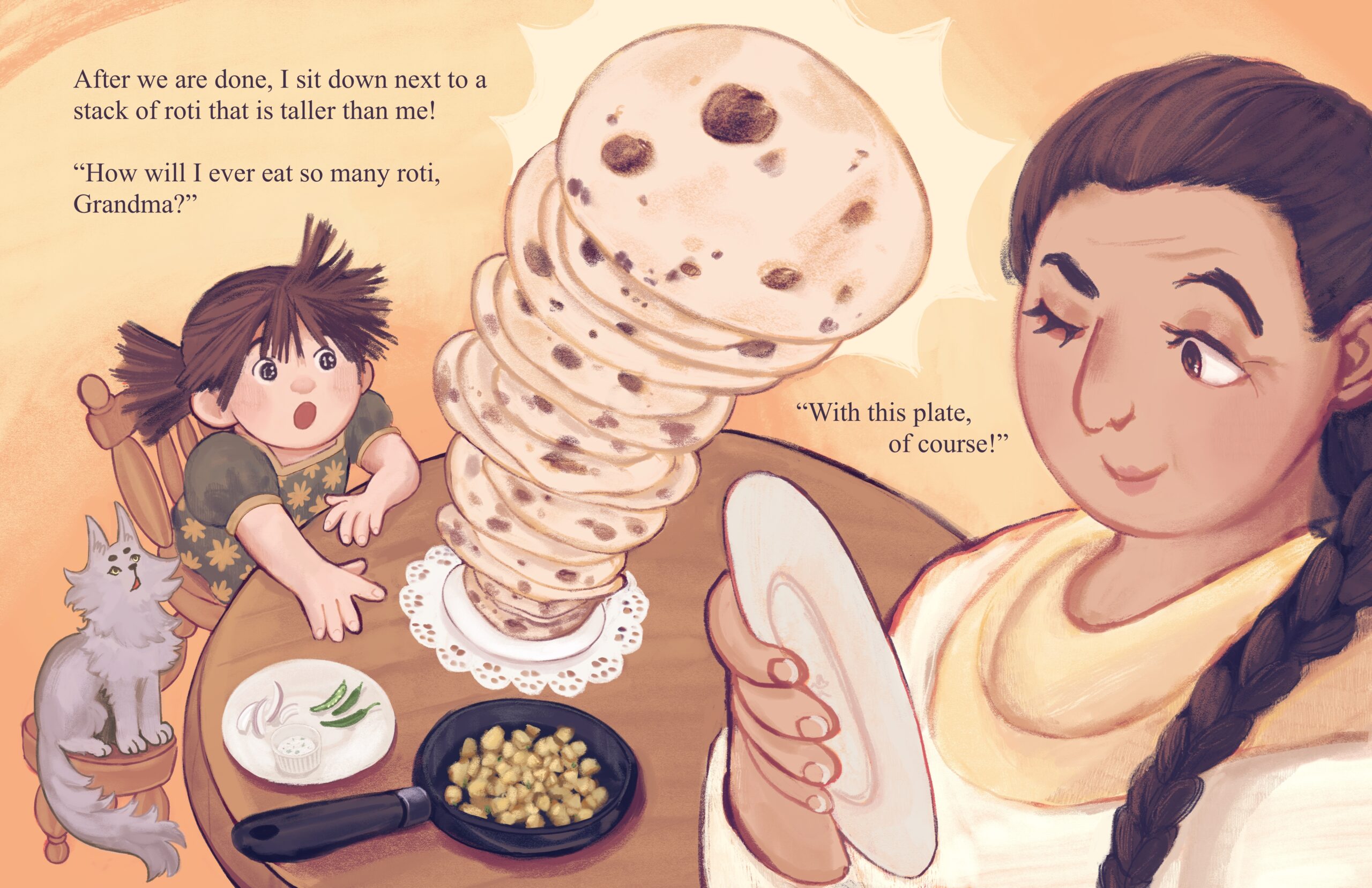A side project reflecting on the intergenerational relationship between my younger self and my grandma. We would bond through cooking, making one of my favorite foods: roti! 
This fledgling story concept follows a young girl's trip to grandma's house, and through many trials (and mishaps) the recipe is complete. At the end, a recipe from our families roti would be included.