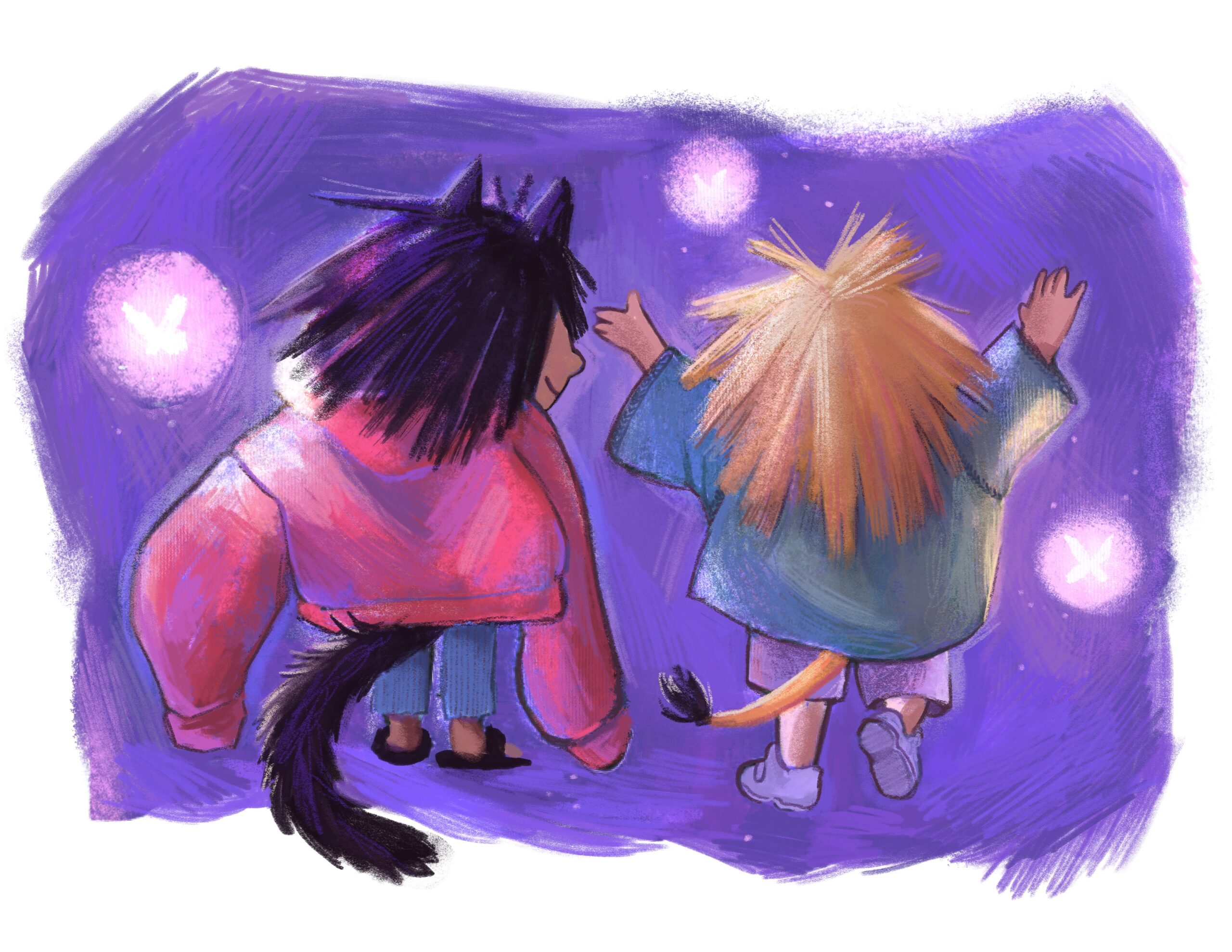 Make Believe, 2022
Digital

A small spot illustration of childhood friends. Drawing on my nostalgic summertime experiences with my own friend, these kids can be seen playing make believe as different feline friends.