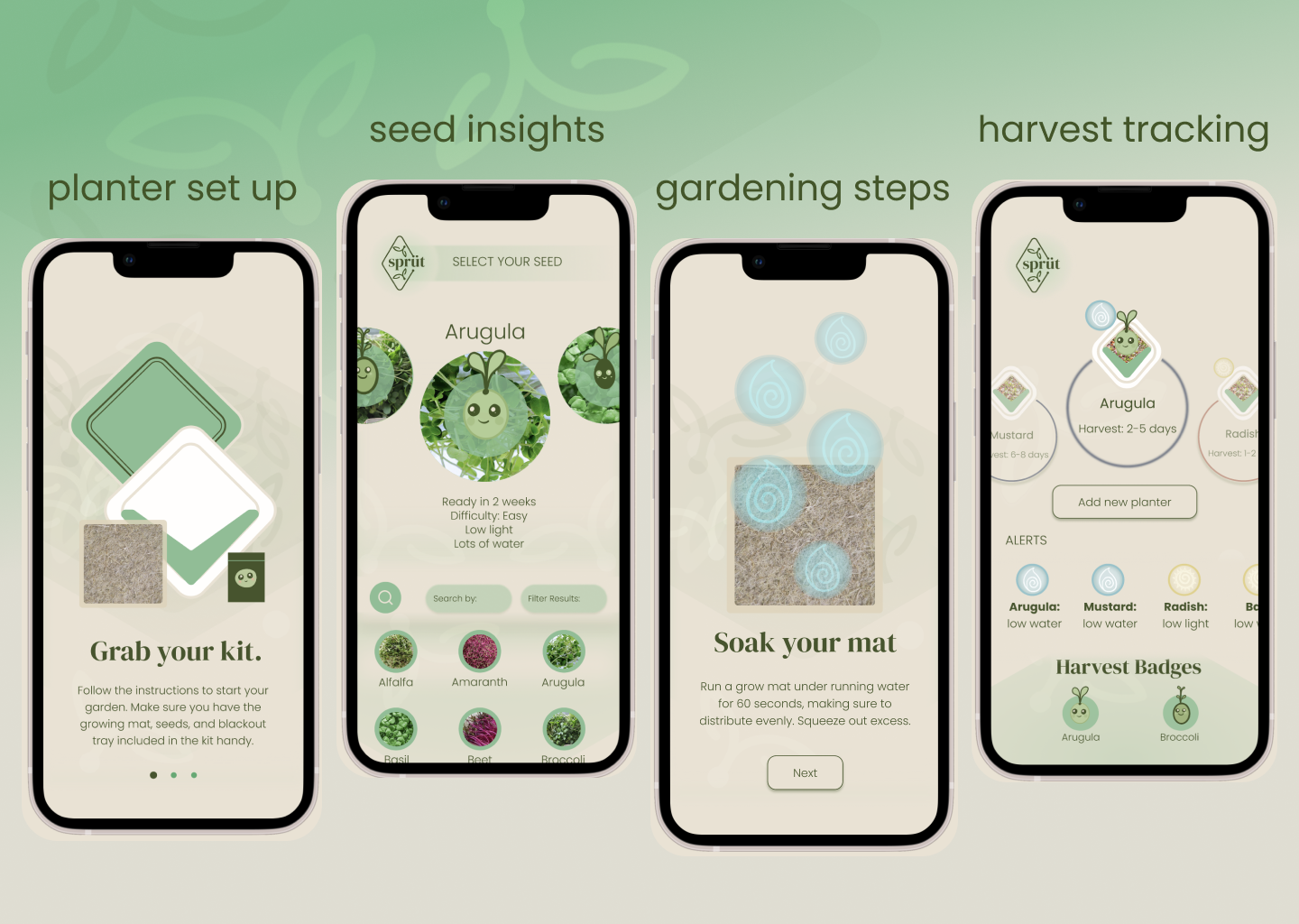 Screens from Sprüt companion garden app showing the features that include planter set up,. seed insights, gardening steps, and harvest tracking. 