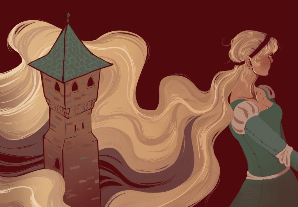 Art: Drawing of a woman in a vaguely medieval or renaissance dress with long, flowing blonde hair. The hair billows, and almost looks like clouds around a medieval tower with a teal roof. 