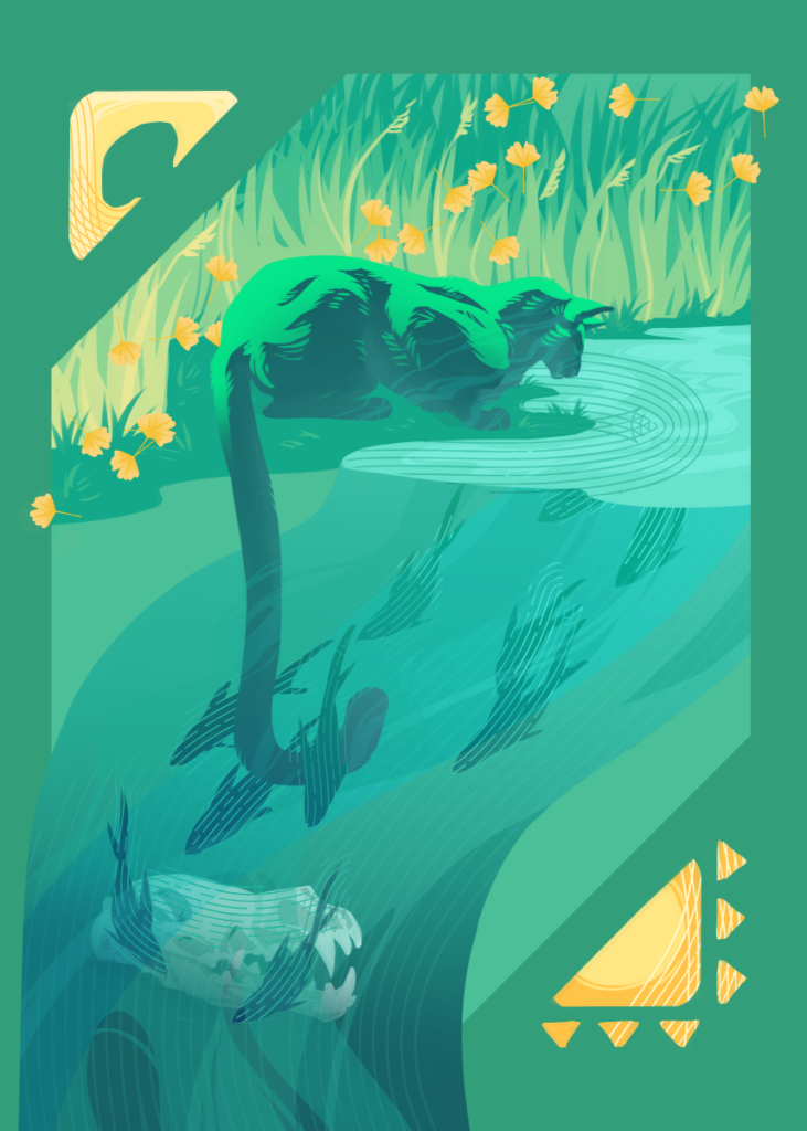Art: A cat is crouched next to a pond or river, next to long grass. The water is slightly abstracted, curving past the cat's tail, full of fish. There is also a skull at the bottom of the water, and gingko leaves in the wind. In the corners are a geometric sun and moon motif. 