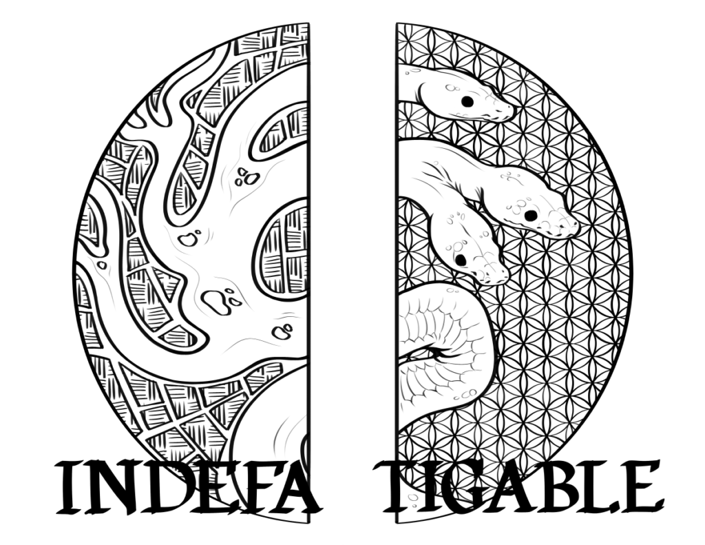 Art: Two half circles, one side is a drawing of a delta system with farmland around it. The other side lines up with the rivers, but turns into a three-headed snake, with a background of the "flower of life" pattern. Text in front says "Indefatigable". 