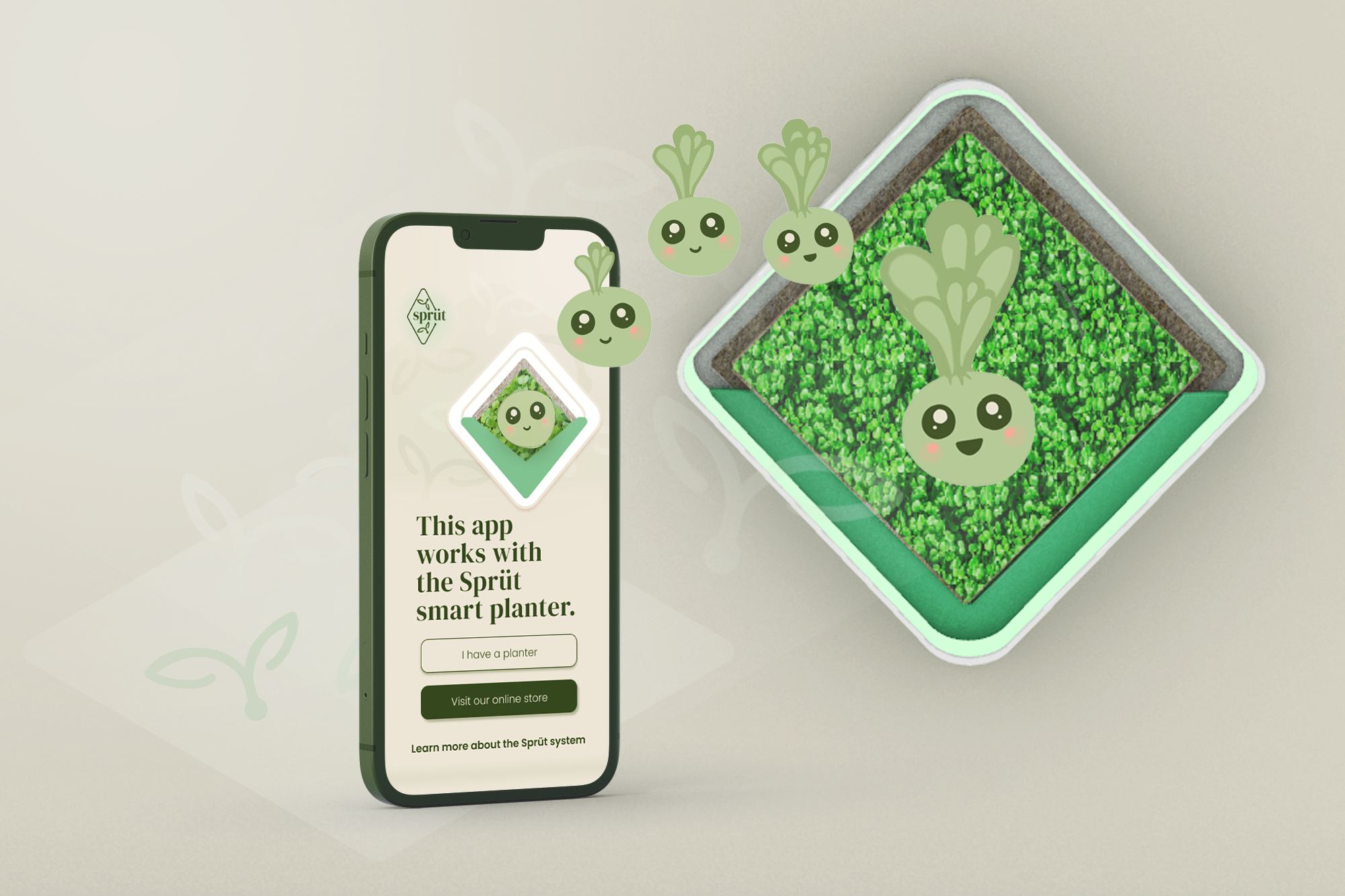 A digital mockup of the Sprüt gardening system in action, including the companion app, the smart-planter, and some characters from the app. 