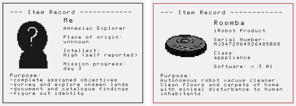 Two versions of an item record that describes the player. The first describes them as an amnesiac explorer and the second describes the player as a standard Roomba (Autonomous robot vacuum cleaner