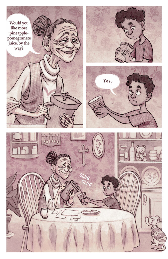 Comic illustration of old woman and little boy in a kitchen. Woman: "Would you like more pineapple-pomegranate juice, by the way?" Boy: "Yes."